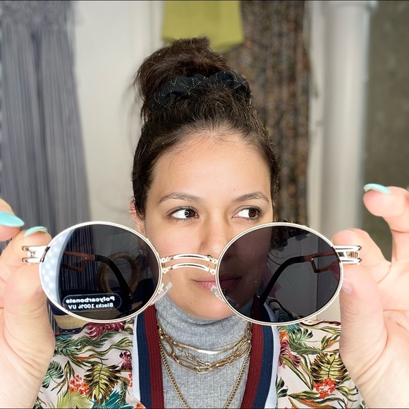 Black lenses gold round frame double bridge nose sunglasses - Picture 3 of 4